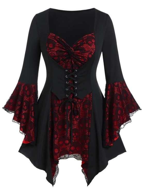 Tops - Black & Red Lace Gothic Corset Tunic top